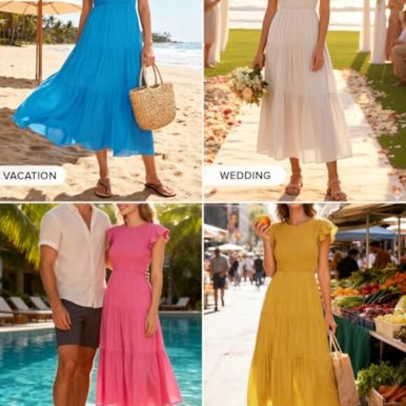 Flutter Sleeve Smocked Midi Dress Tiered Skirt Elastic Waist Cottagecore Chic - Picture 3 of 8